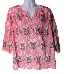 Talbots Pink Ikat Medallion Popover Blouse 3/4 Sleeve Cotton Split Neck size 2X